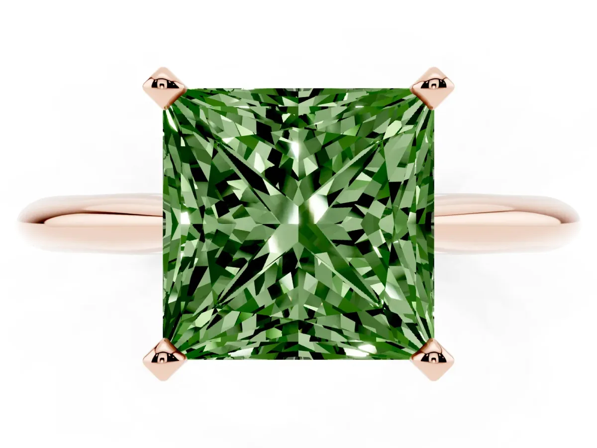 Fancy Green Princess Cut Cut Solitaire Ring with Four-Prong Setting on a Classic Band Rose gold