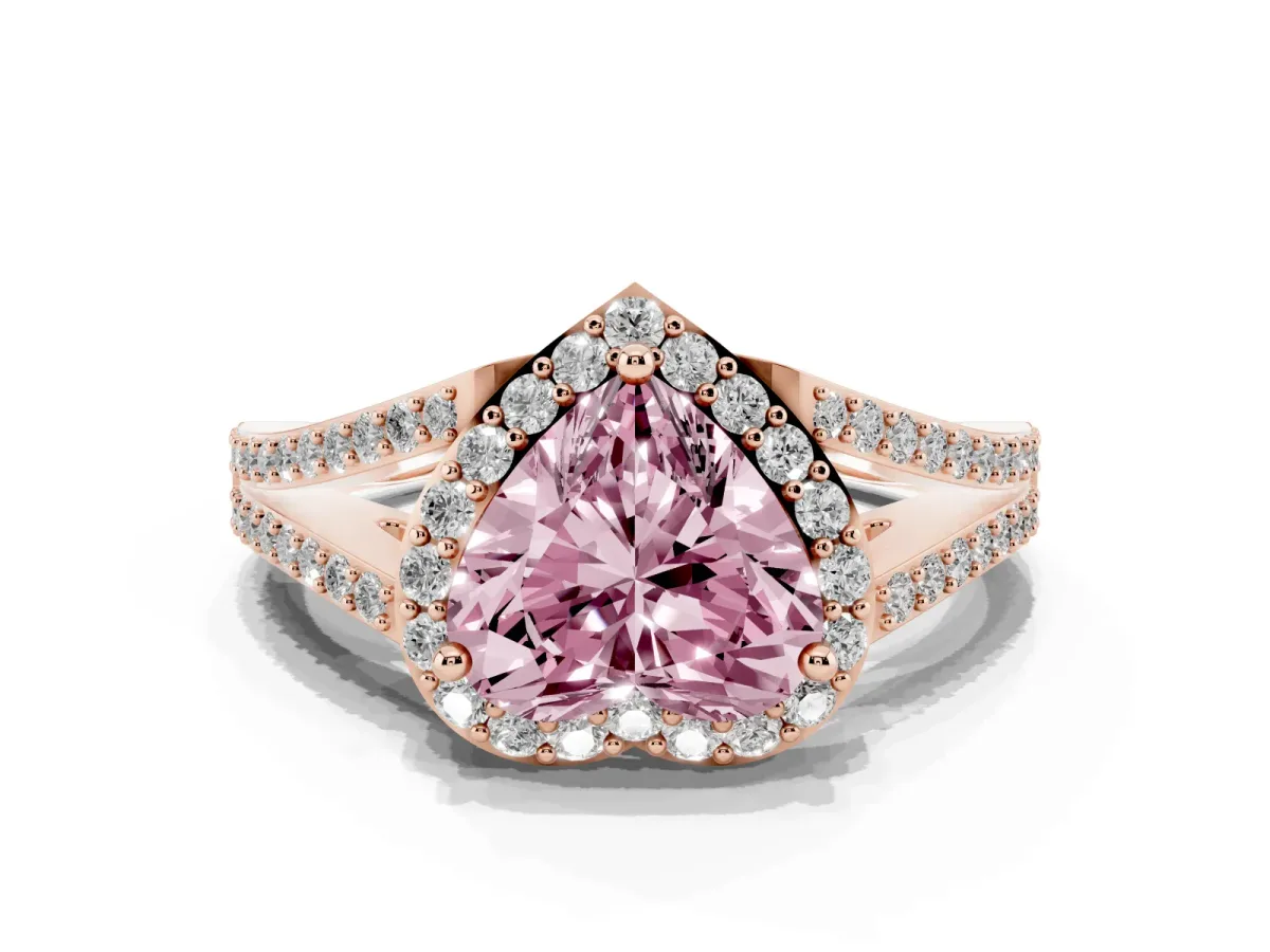 Fancy Pink Heart Cut Halo Split Shank Diamond Ring with Prong Setting Rose gold