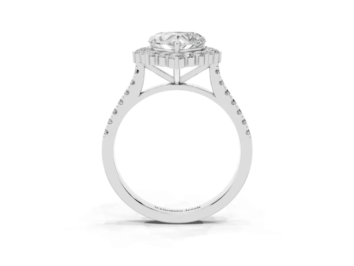 Heart Cut Halo Diamond Ring with Pavé Band and Prong Setting Silver