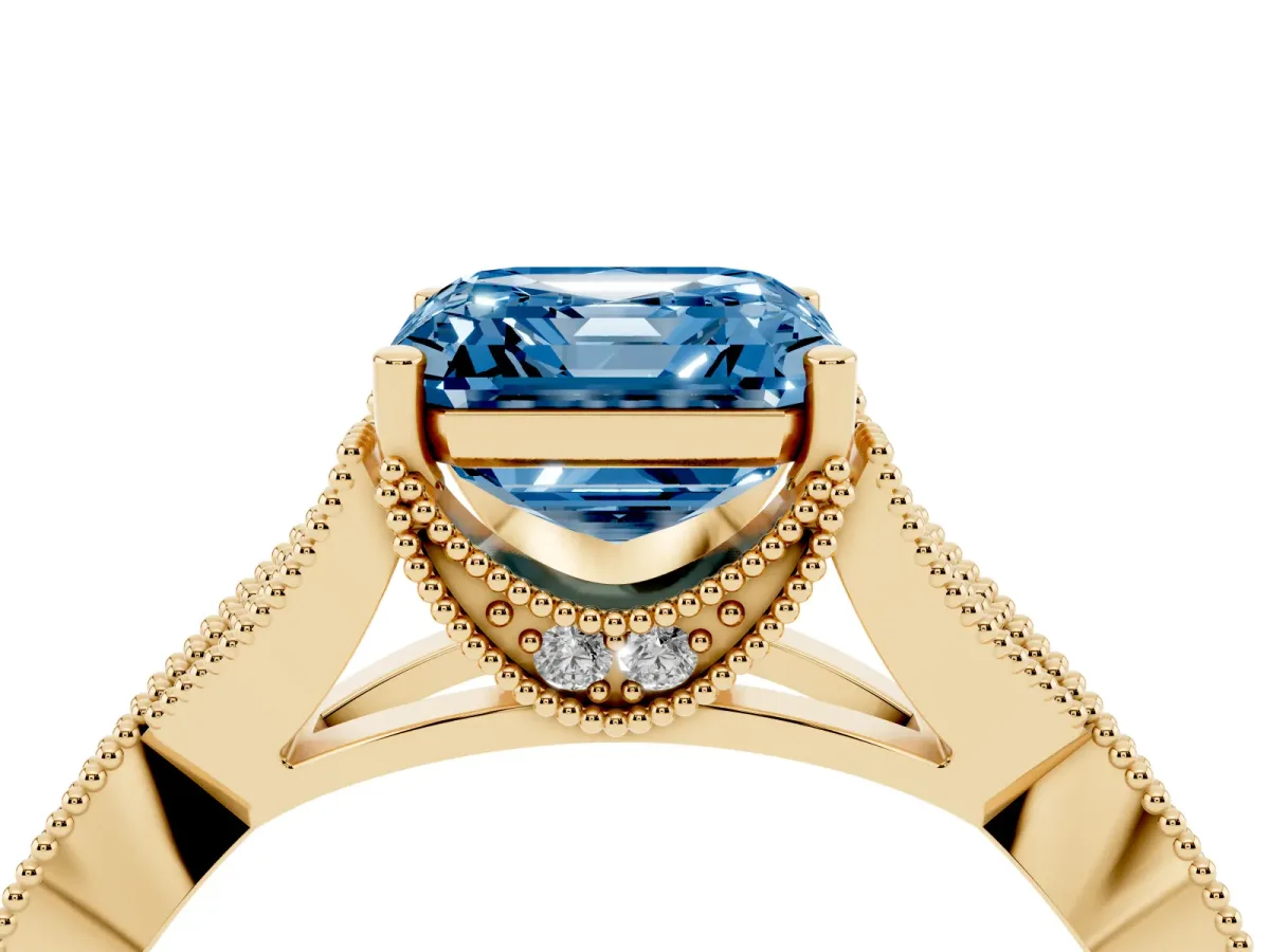 Fancy Blue Asscher Cut Cut Diamond Twisted Band with Milgrain Pave Setting and Four-Prong Setting Yellow gold