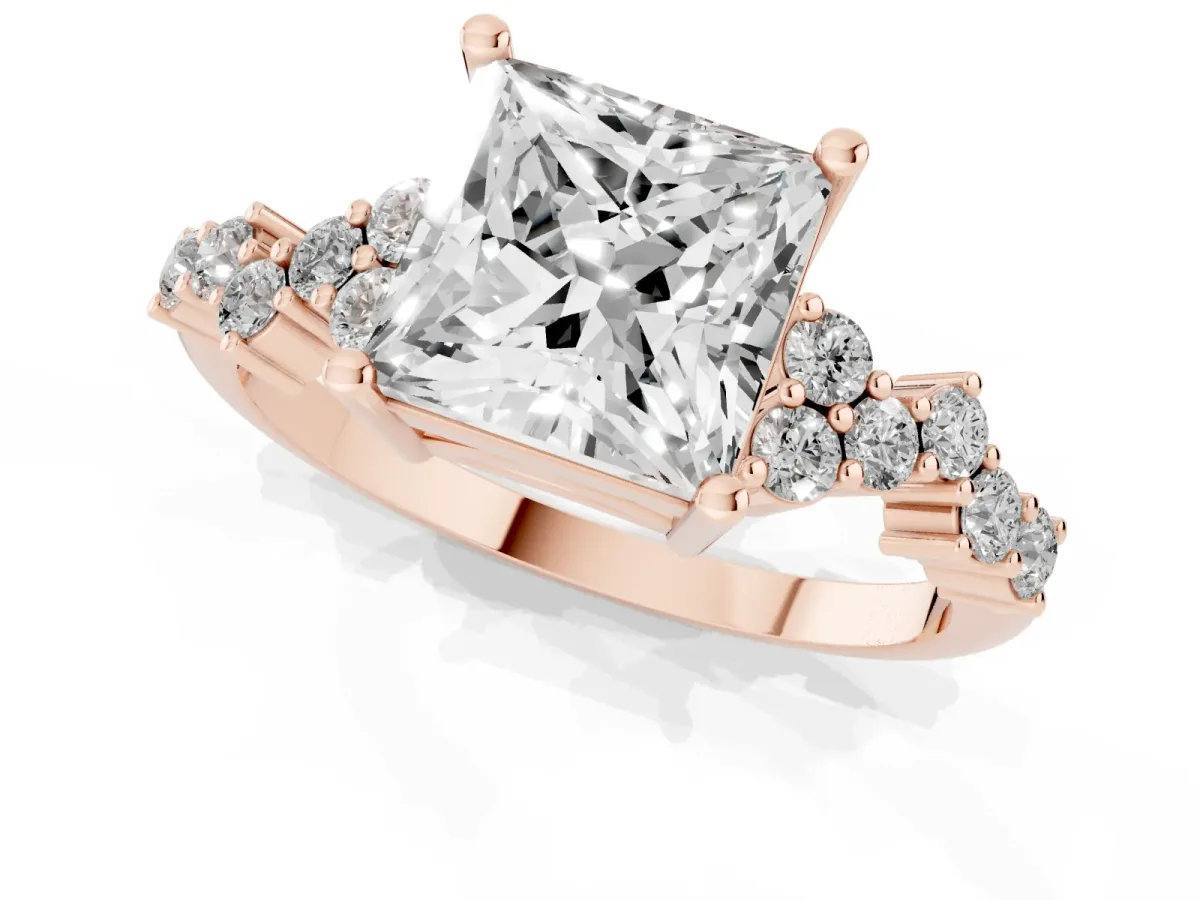 Princess Cut Diamond Scattered Round Accent Ring with Prong Setting Rose gold