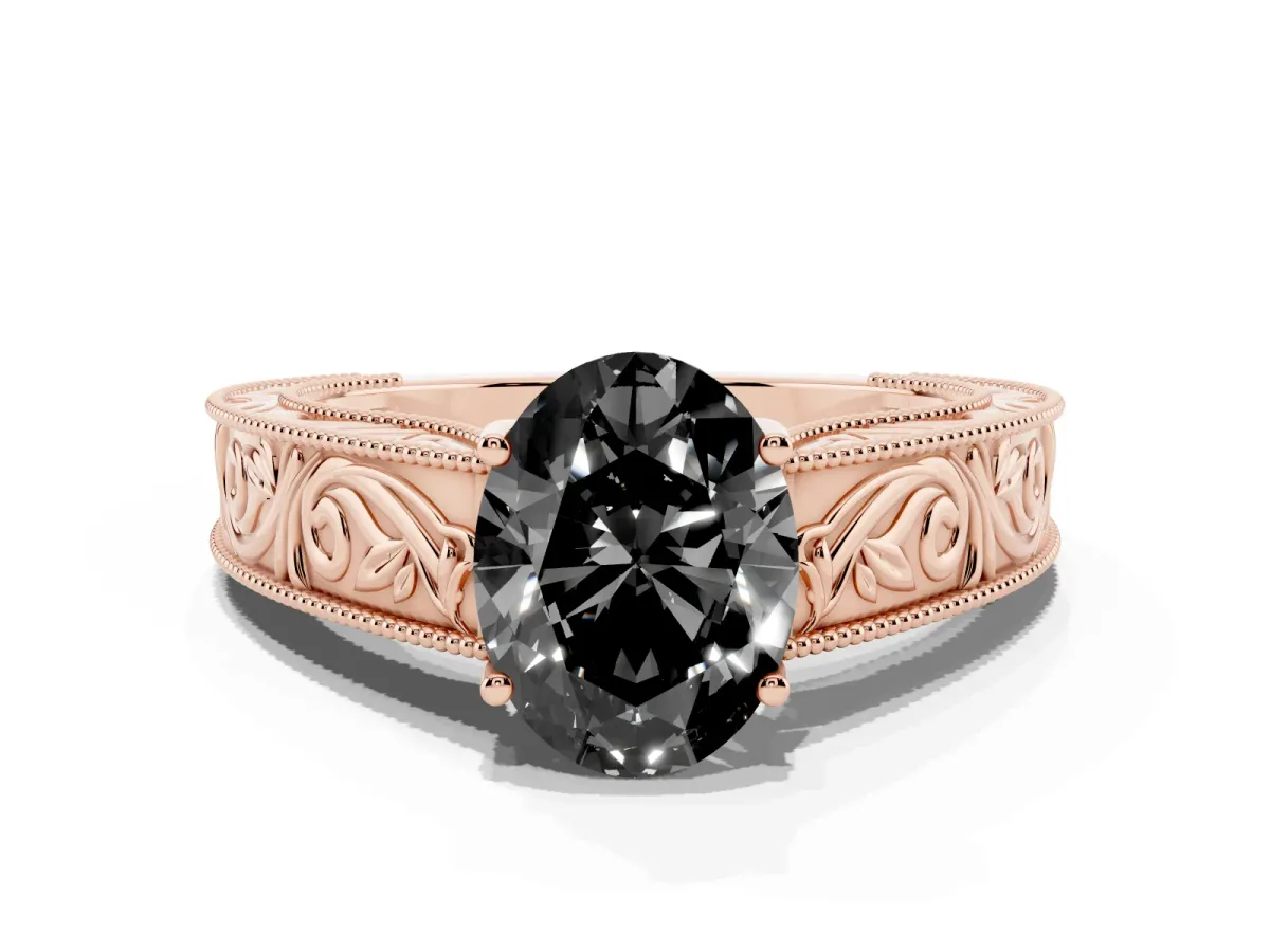 Fancy Black Oval Cut Diamond Solitaire Ring with Engraved Band and Four-Prong Setting Rose gold