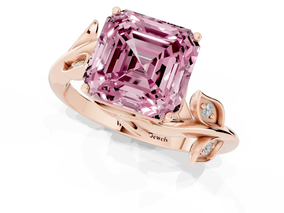 Fancy Pink Asscher Cut Solitaire Twist Engagement Ring with Leaf Accents and Prong Setting Rose gold