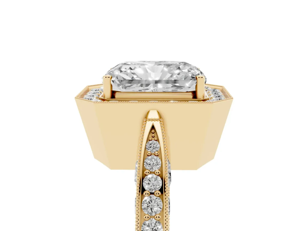 Radiant Cut Halo Diamond Engagement Ring with Split Shank Band and Four-Prong Setting Yellow gold