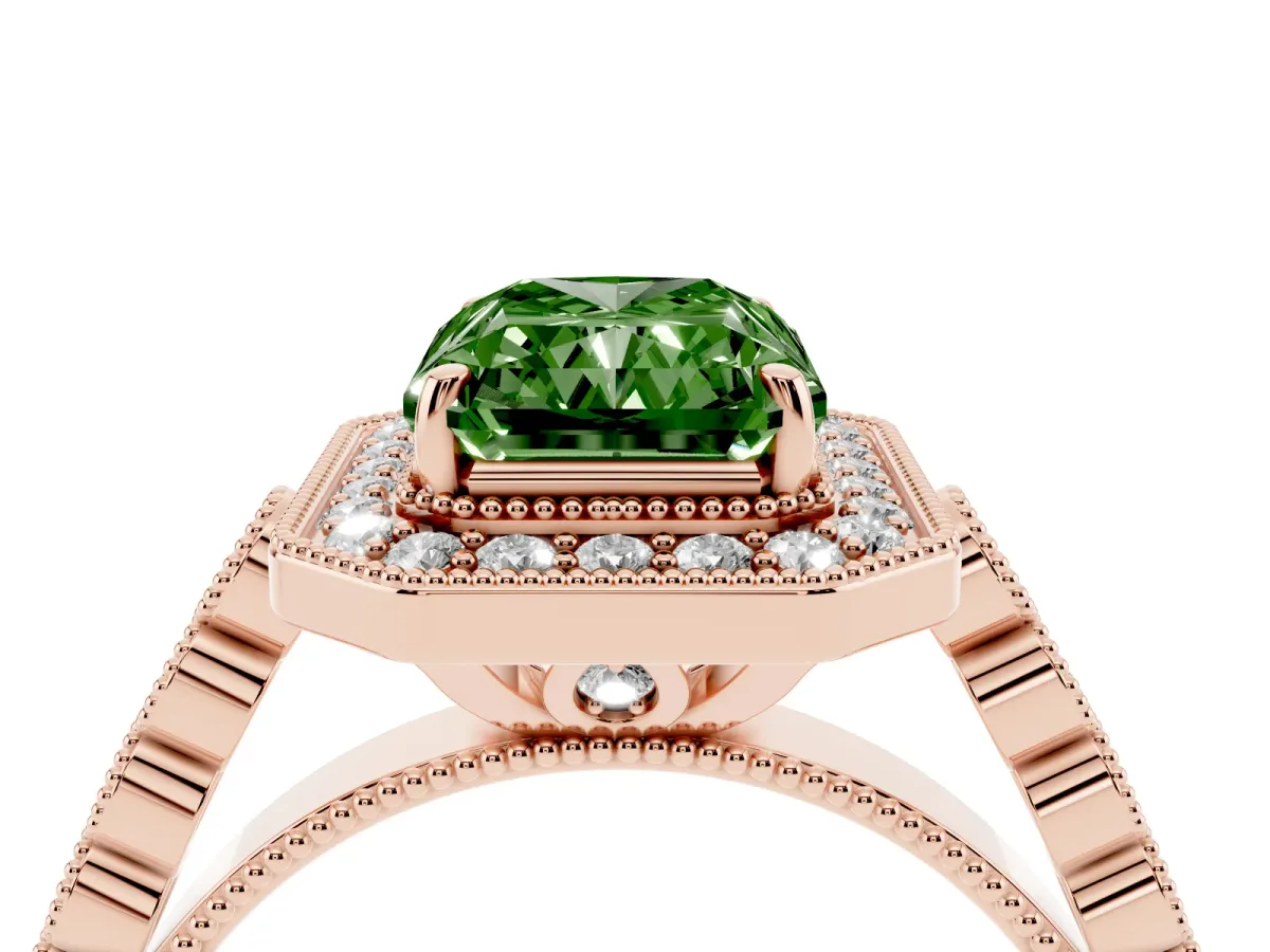 Fancy Green Radiant Cut Halo Milgrain Solitaire with Bezel Set Side Stones and Pave Band Rose gold