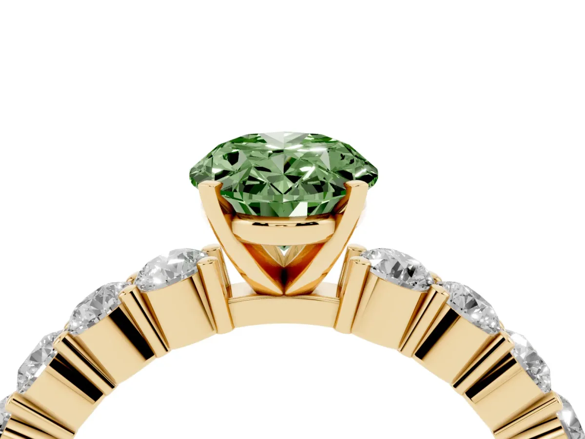 Fancy Green Oval Cut Diamond Solitaire Ring with Shared Prong Round Side Stones Yellow gold