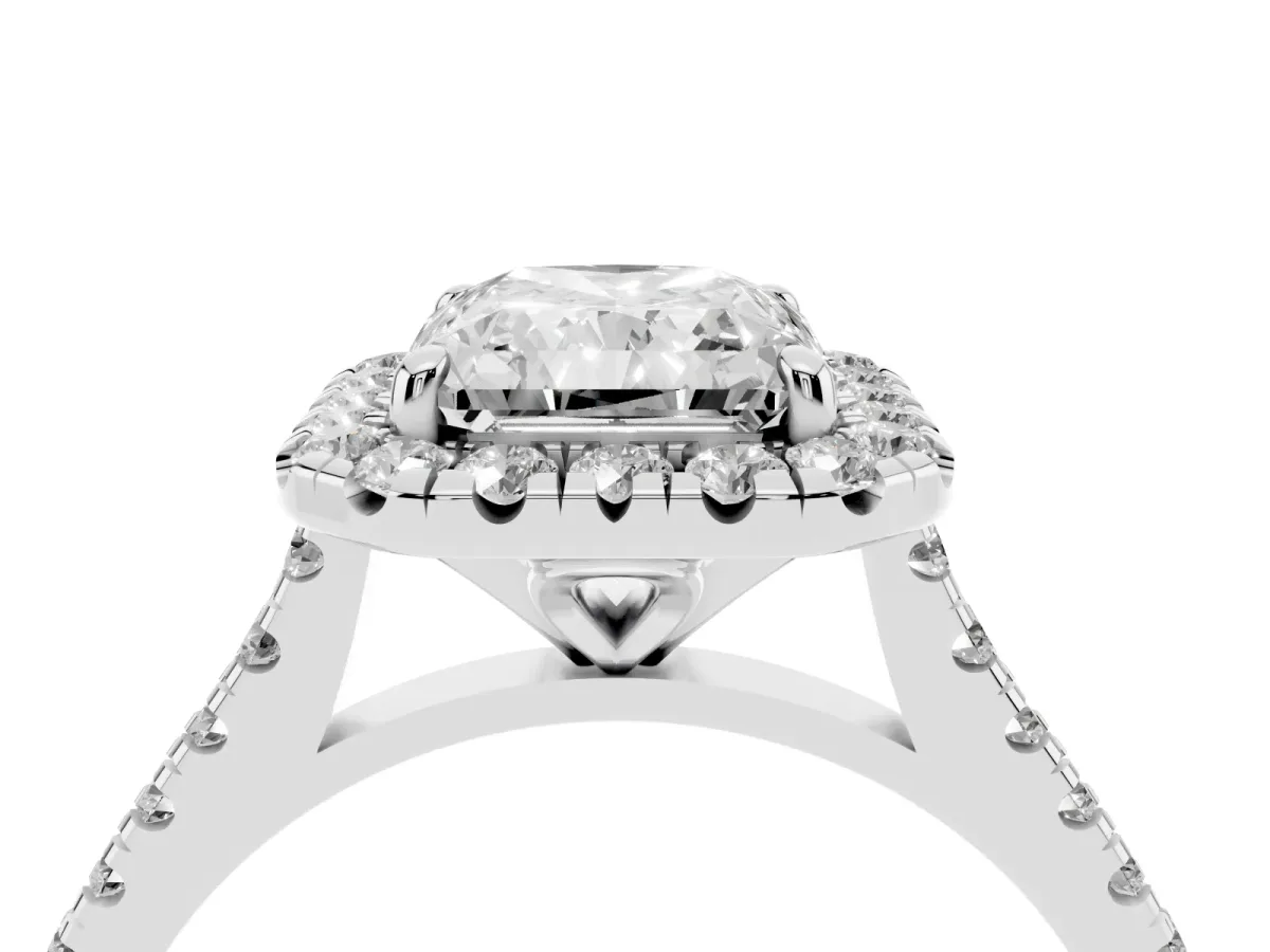 Radiant Cut Diamond Cushion Halo Ring with Pavé Band Silver