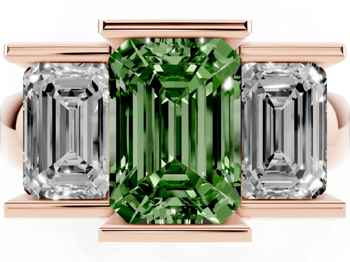 Fancy Green Three Stone Emerald Cut Cut Channel Set Diamond Ring Rose gold