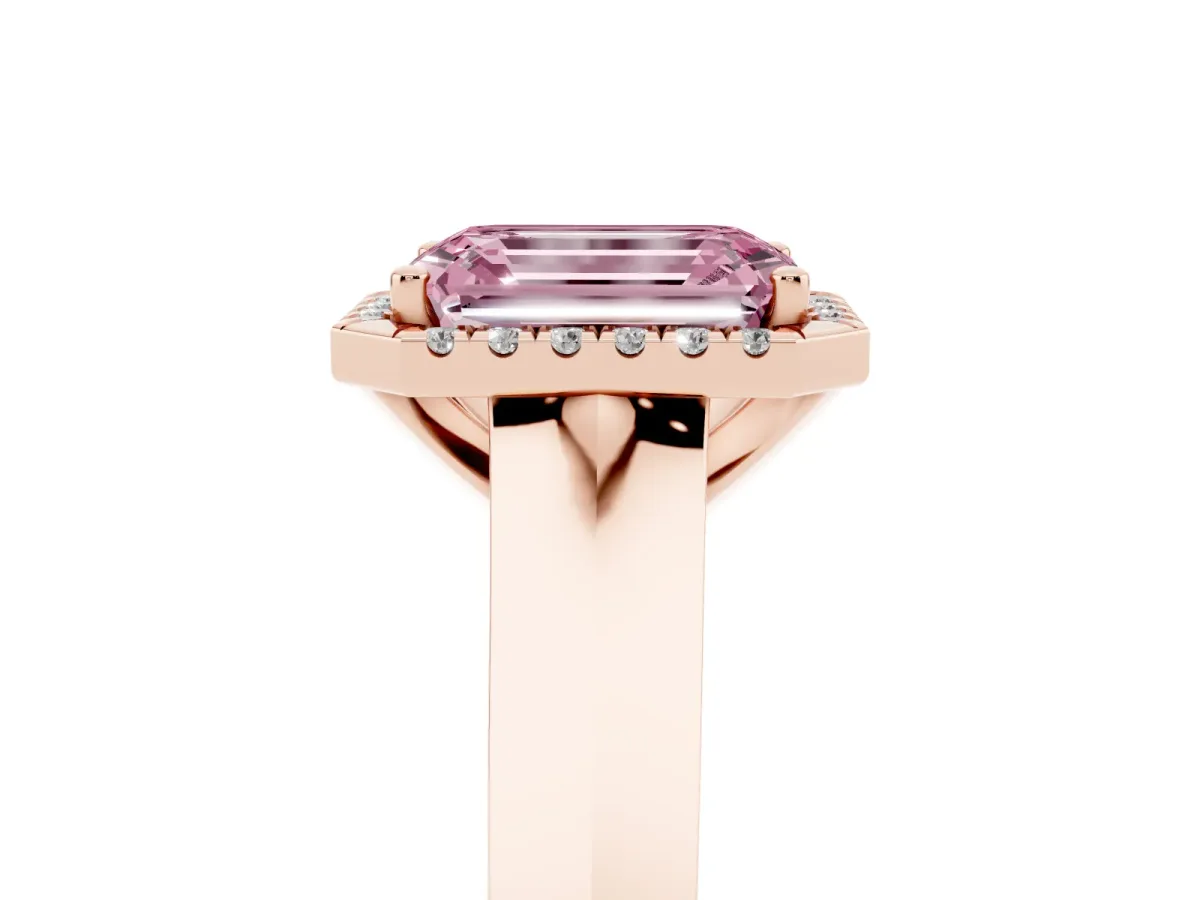 Fancy Pink Emerald Cut Halo Diamond Ring with Cathedral Band and Four-Prong Setting Rose gold