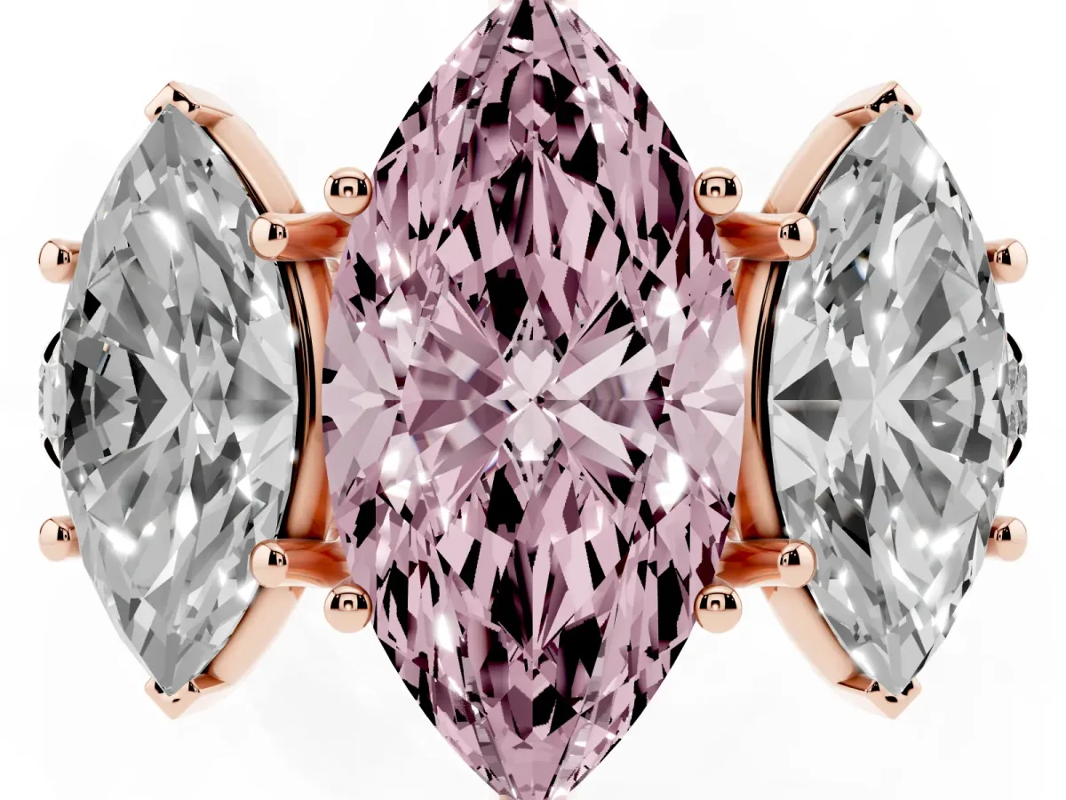 Fancy Pink Three-Stone Marquise Cut Diamond Pavé Band with Prong Setting Rose gold