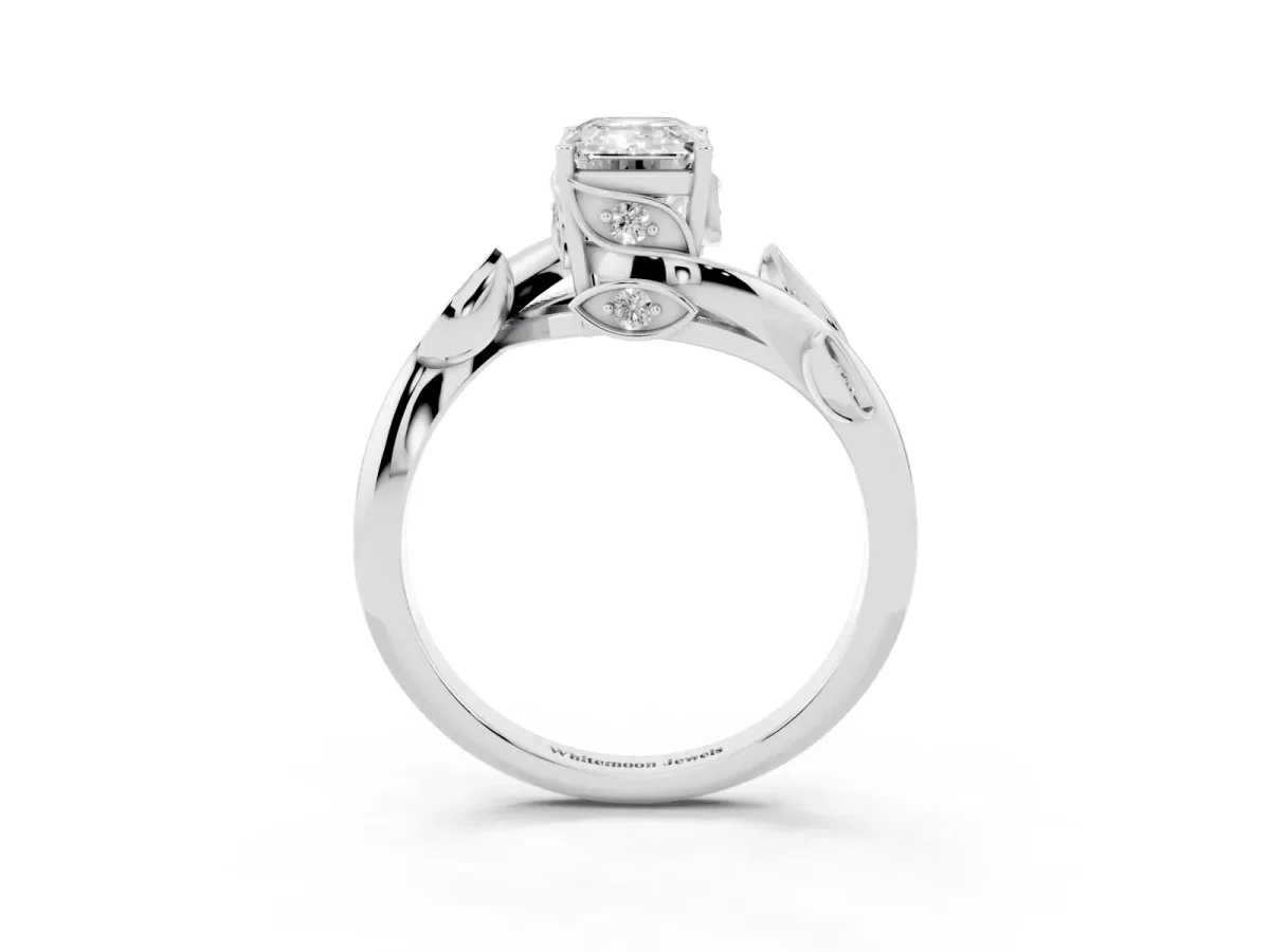 Emerald Cut Solitaire Twist Engagement Ring with Leaf Accents and Prong Setting Silver