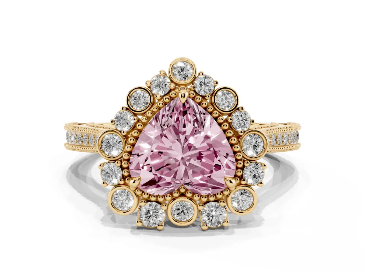 Fancy Pink Heart Cut Halo Milgrain Pave Diamond Ring with Four-Prong Setting Yellow gold