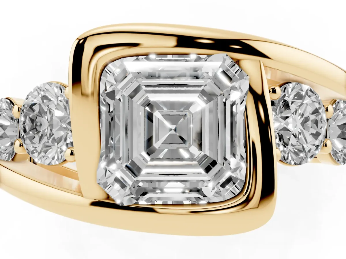 Bezel Set Asscher Cut Diamond Bypass Ring with Round Accents Yellow gold