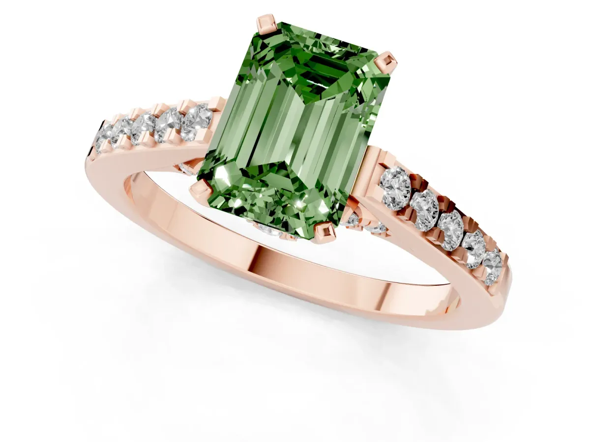 Fancy Green Emerald Cut Diamond Solitaire Ring with Crossover Gallery and Round Pavé Band Rose gold