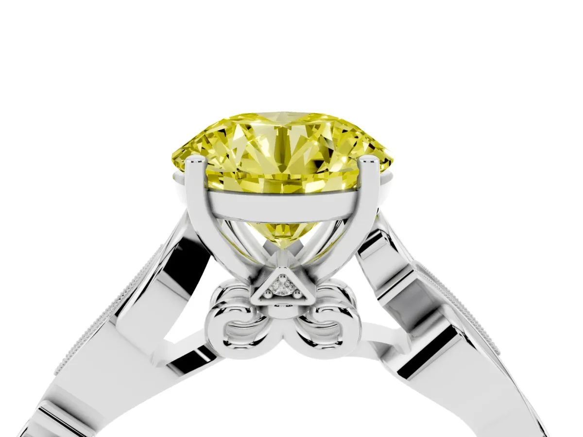 Fancy Yellow Round Cut Solitaire Vine Band with Milgrain Prong Setting Silver
