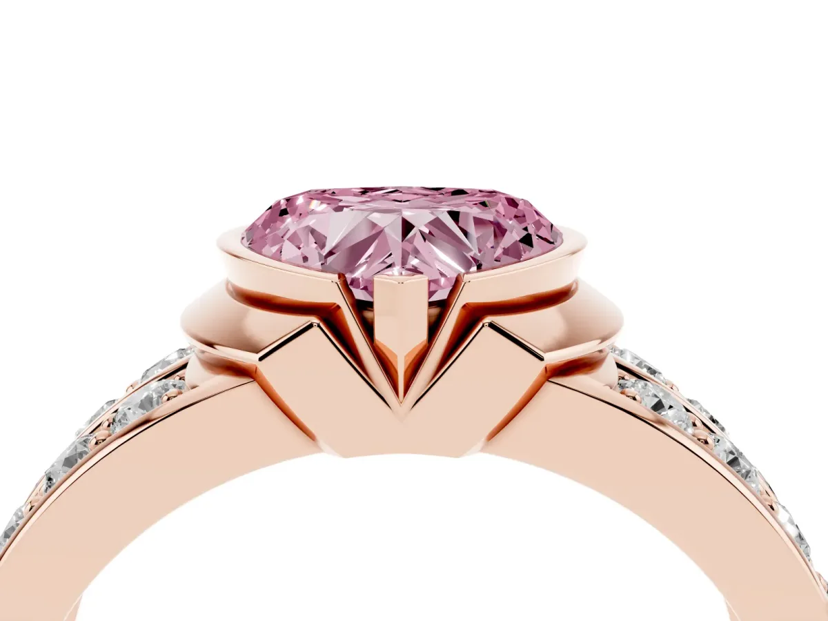 Fancy Pink Heart Cut Brilliant Diamond Channel Set Wide Band Ring with Bezel Setting Rose gold