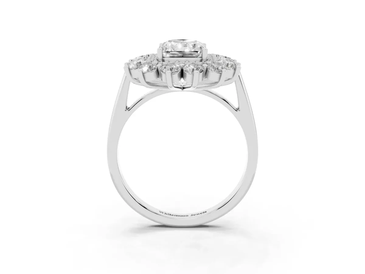 Radiant Cut Diamond Floral Double Halo Engagement Ring with Prong Setting White gold