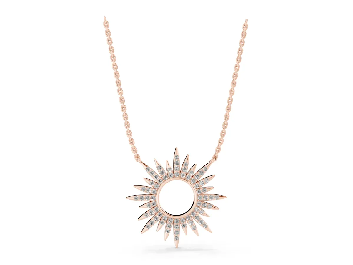 Round Cut Diamond Sunburst Pendant with Pavé Setting Rose gold