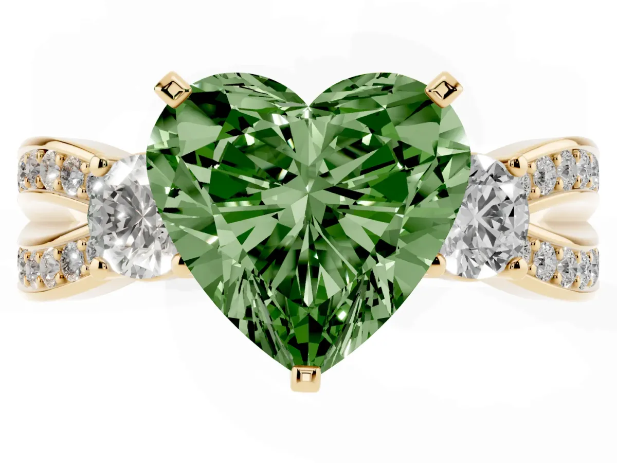 Fancy Green Three-Stone Heart Cut Cut Diamond Twist Band with Prong Setting Yellow gold