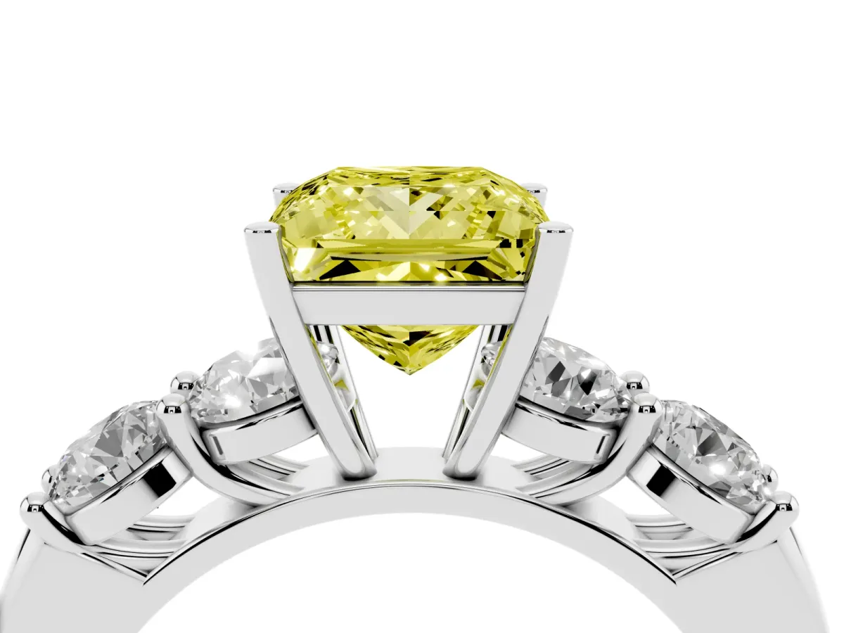 Fancy Yellow Princess Cut Cut Five-Stone Prong Set Diamond Ring with Classic Band Silver