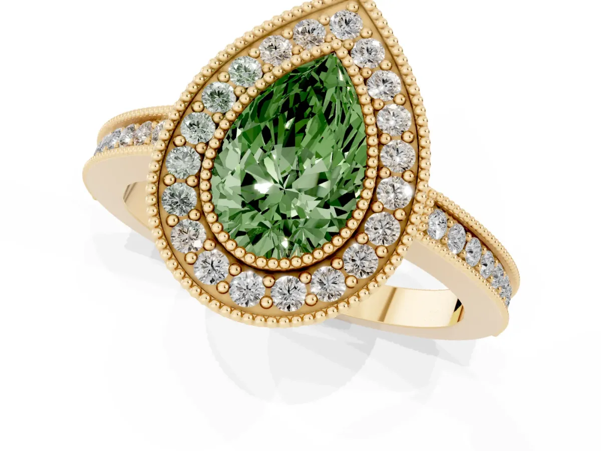 Fancy Green Pear Cut Cut Halo Diamond Ring with Pavé Band and Milgrain Prong Setting Yellow gold
