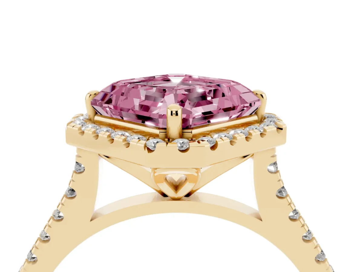 Fancy Pink Asscher Cut Diamond Cushion Halo Ring with Pavé Band Yellow gold