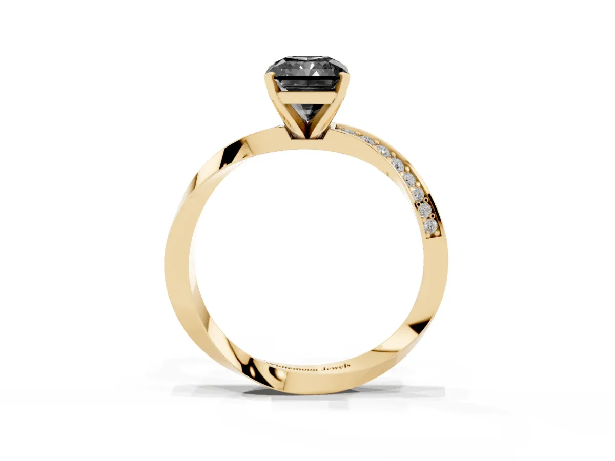 Fancy Black Radiant Cut Diamond Engagement Ring with Side Stone Accents and Four-Prong Setting Yellow gold