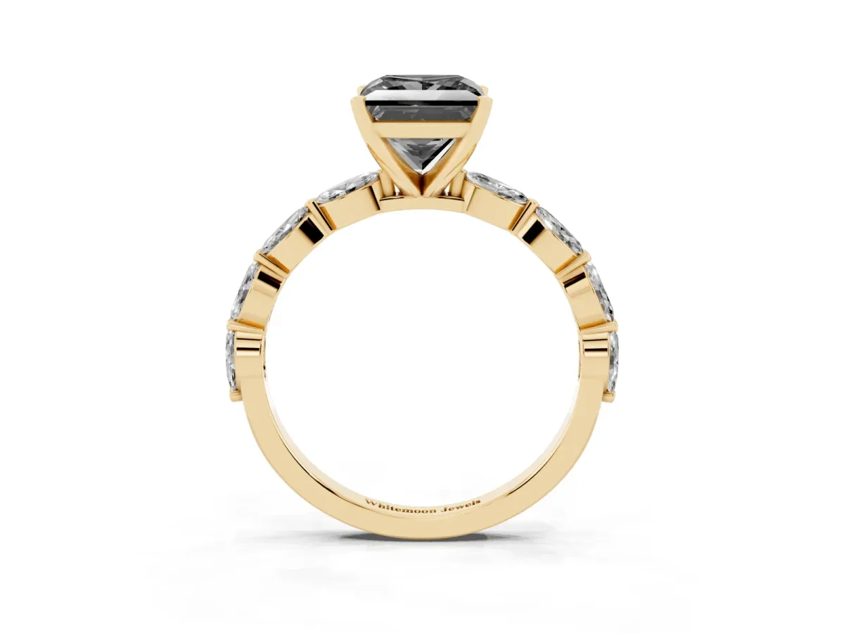 Fancy Black Princess Cut Diamond Ring with Marquise Side Stones and Prong Setting Yellow gold