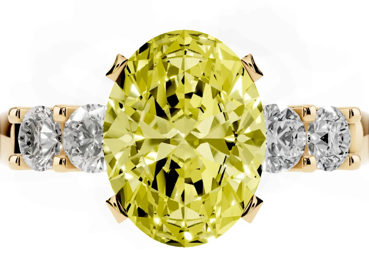 Fancy Yellow Oval Cut Brilliant Cut Diamond Five-Stone Prong Set Engagement Ring with Channel Band Yellow gold