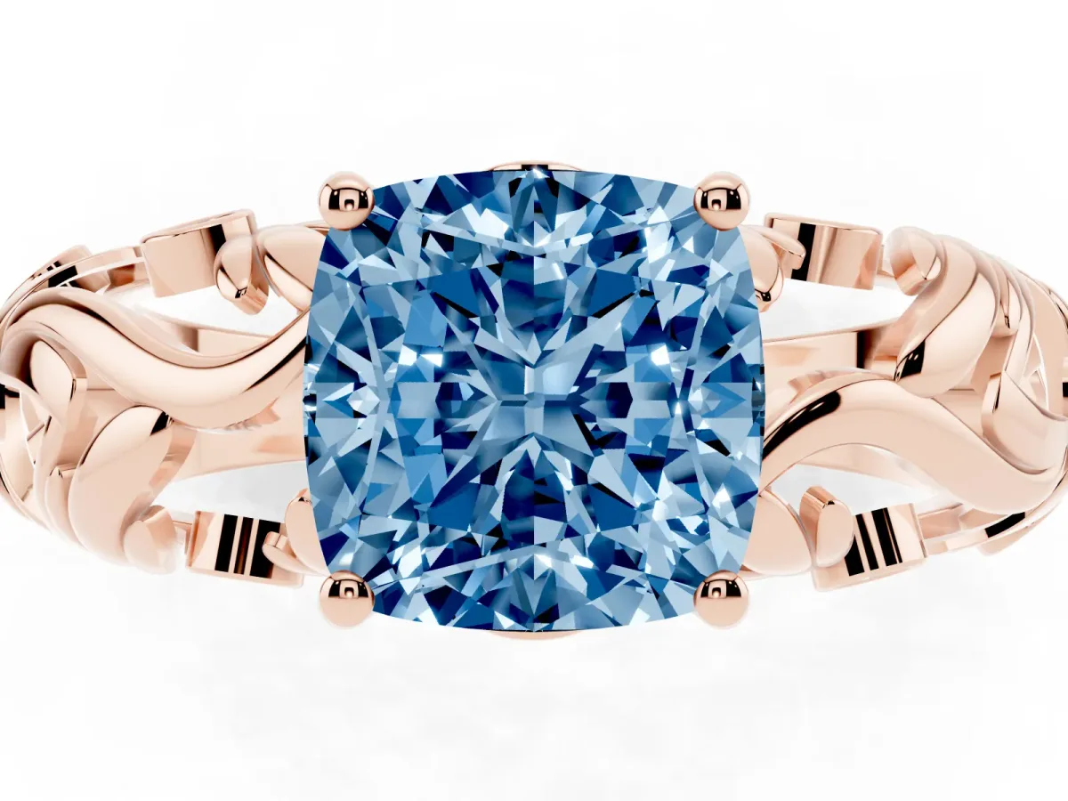 Fancy Blue Cushion Cut Solitaire Diamond Leaf-Inspired Vine Band Ring with Prong Setting Rose gold
