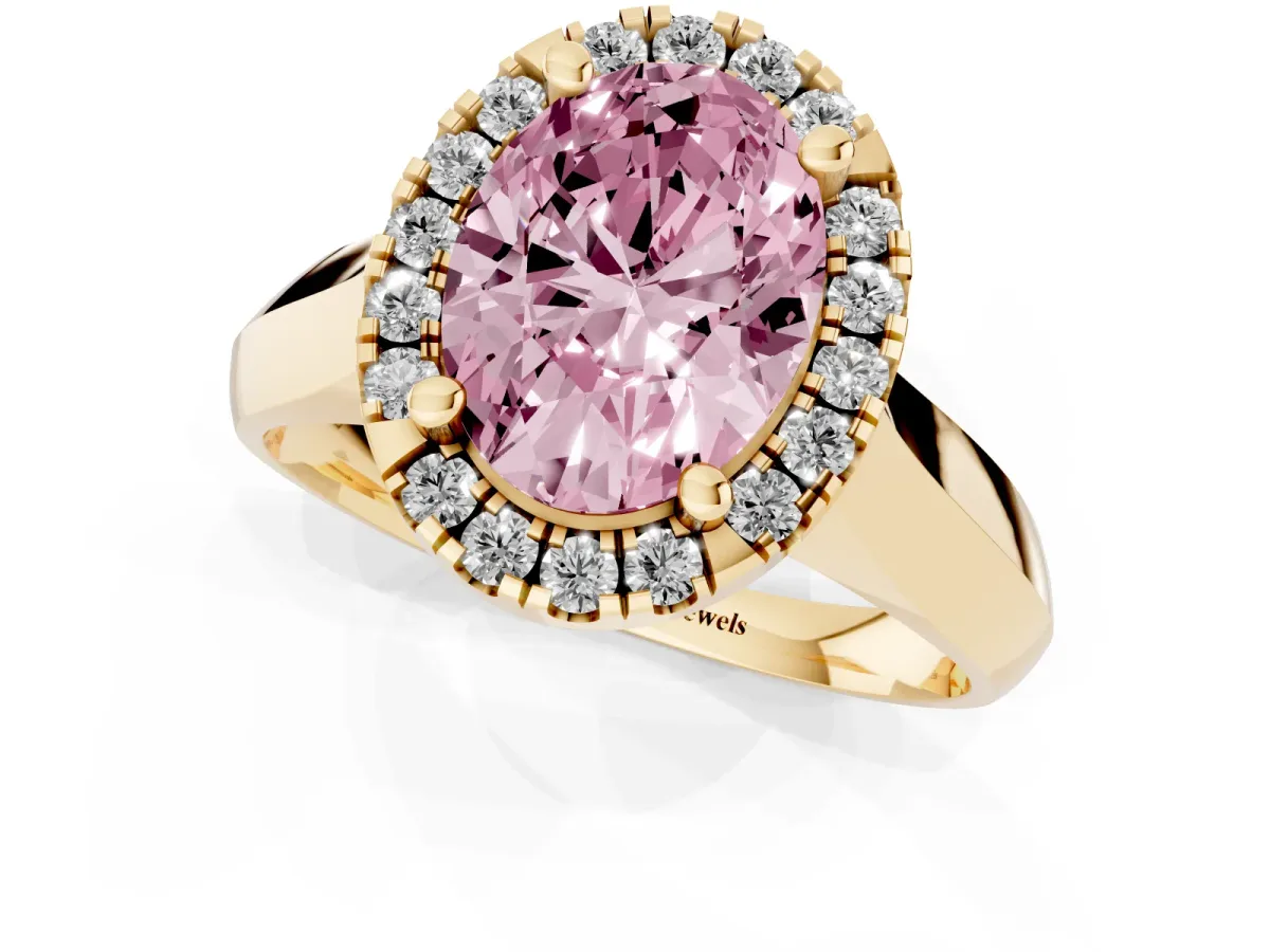 Fancy Pink Oval Cut Cut Halo Solitaire Engagement Ring with Square Band and Four-Prong Setting Yellow gold