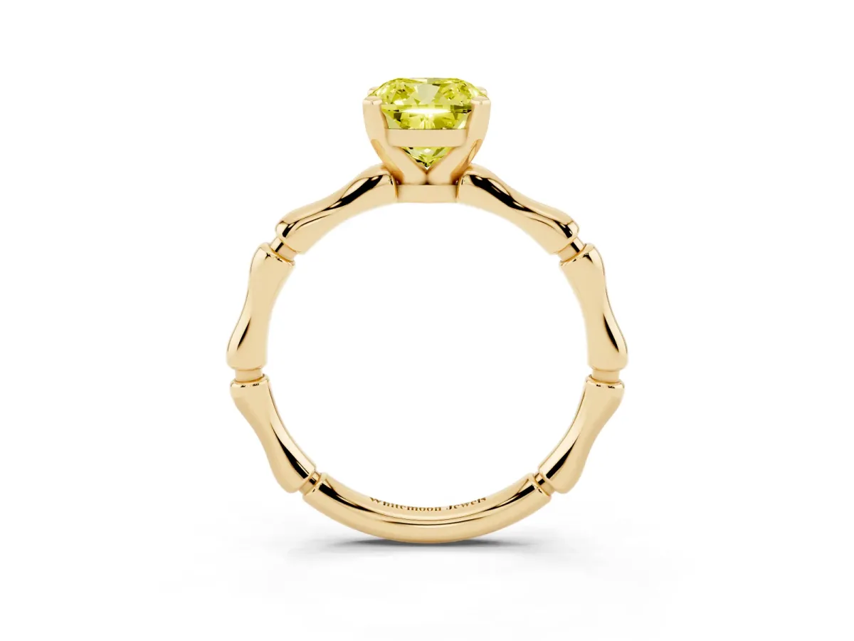 Fancy Yellow Cushion Cut Solitaire Diamond Ring with Bamboo Band and Four-Prong Setting Yellow gold