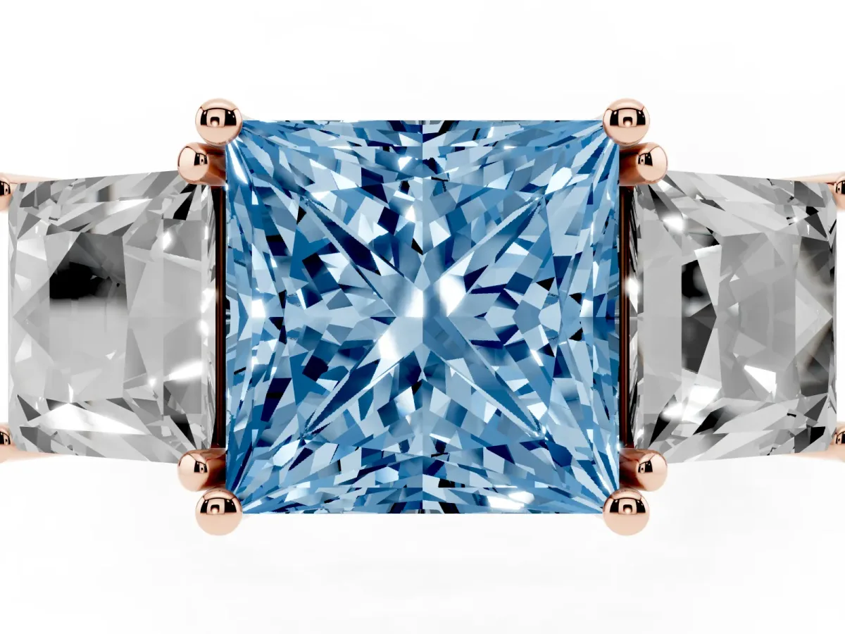 Fancy Blue Three-Stone Princess Cut Diamond Pavé Band with Prong Setting Rose gold