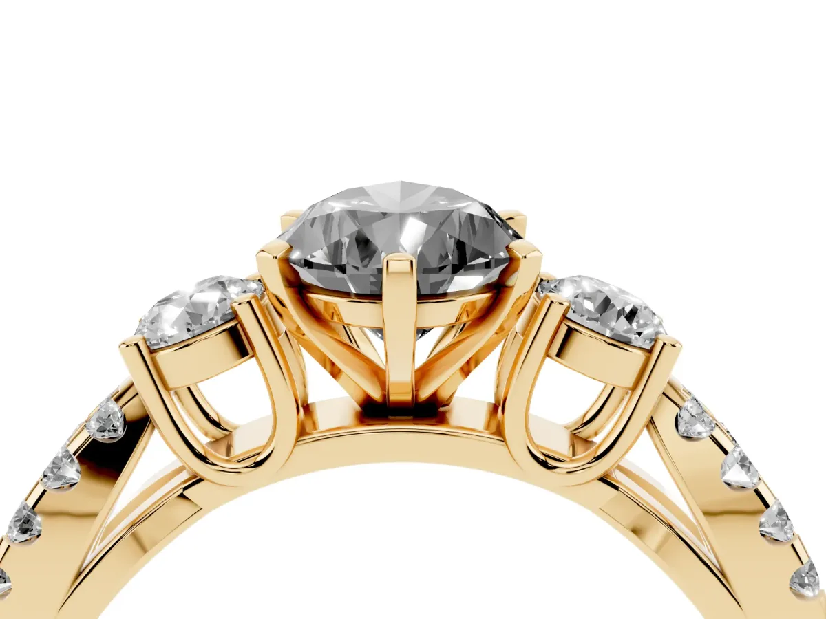 Fancy Black Pear Cut Diamond Three-Stone Ring with Pavé Split Shank and Four-Prong Setting Yellow gold