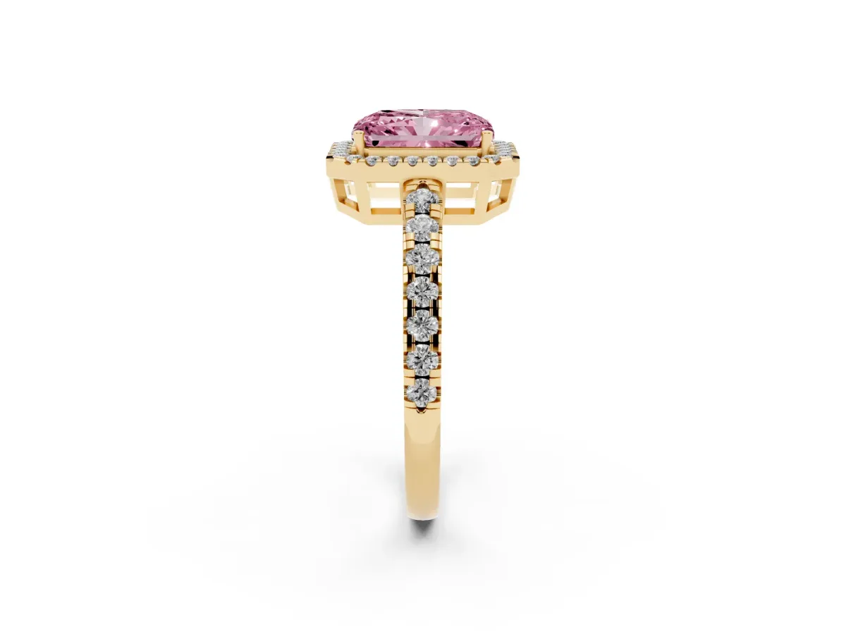 Fancy Pink Radiant Cut Diamond Halo Ring with Pavé Band and Four-Prong Setting Yellow gold