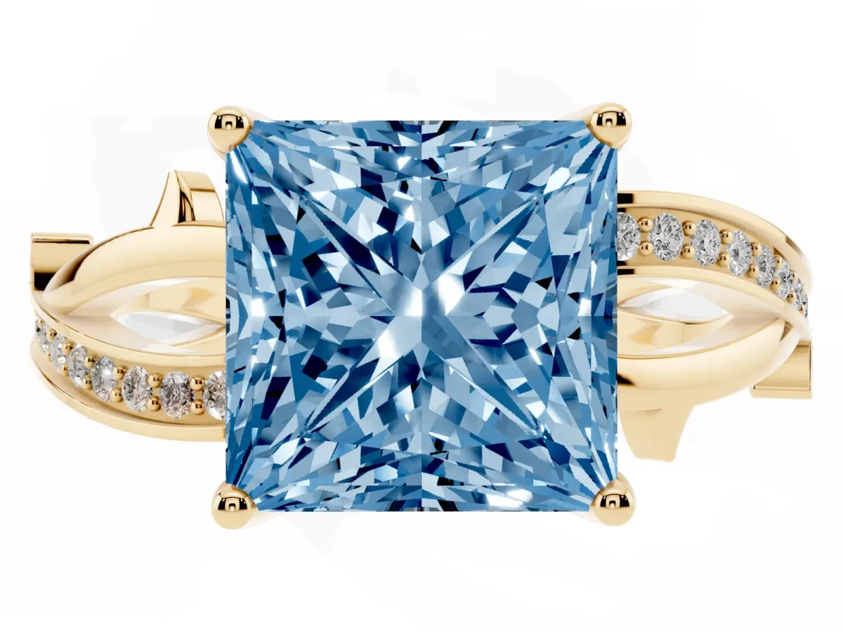 Fancy Blue Princess Cut Solitaire Twist Band with Pavé Accents and Four-Prong Setting Yellow gold