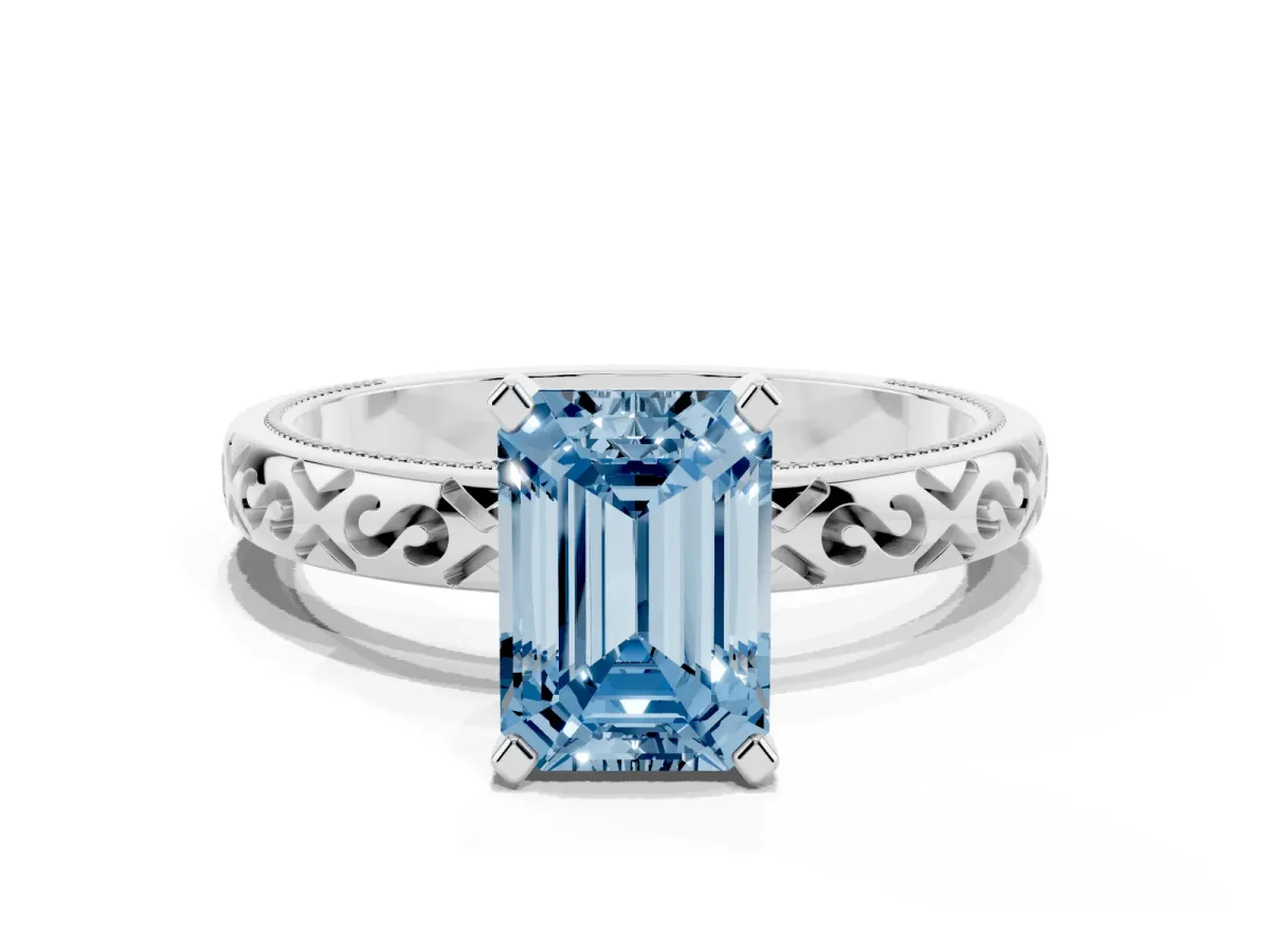 Fancy Blue Emerald Cut Solitaire Engagement Ring with Scrollwork Band and Four-Prong Setting White gold