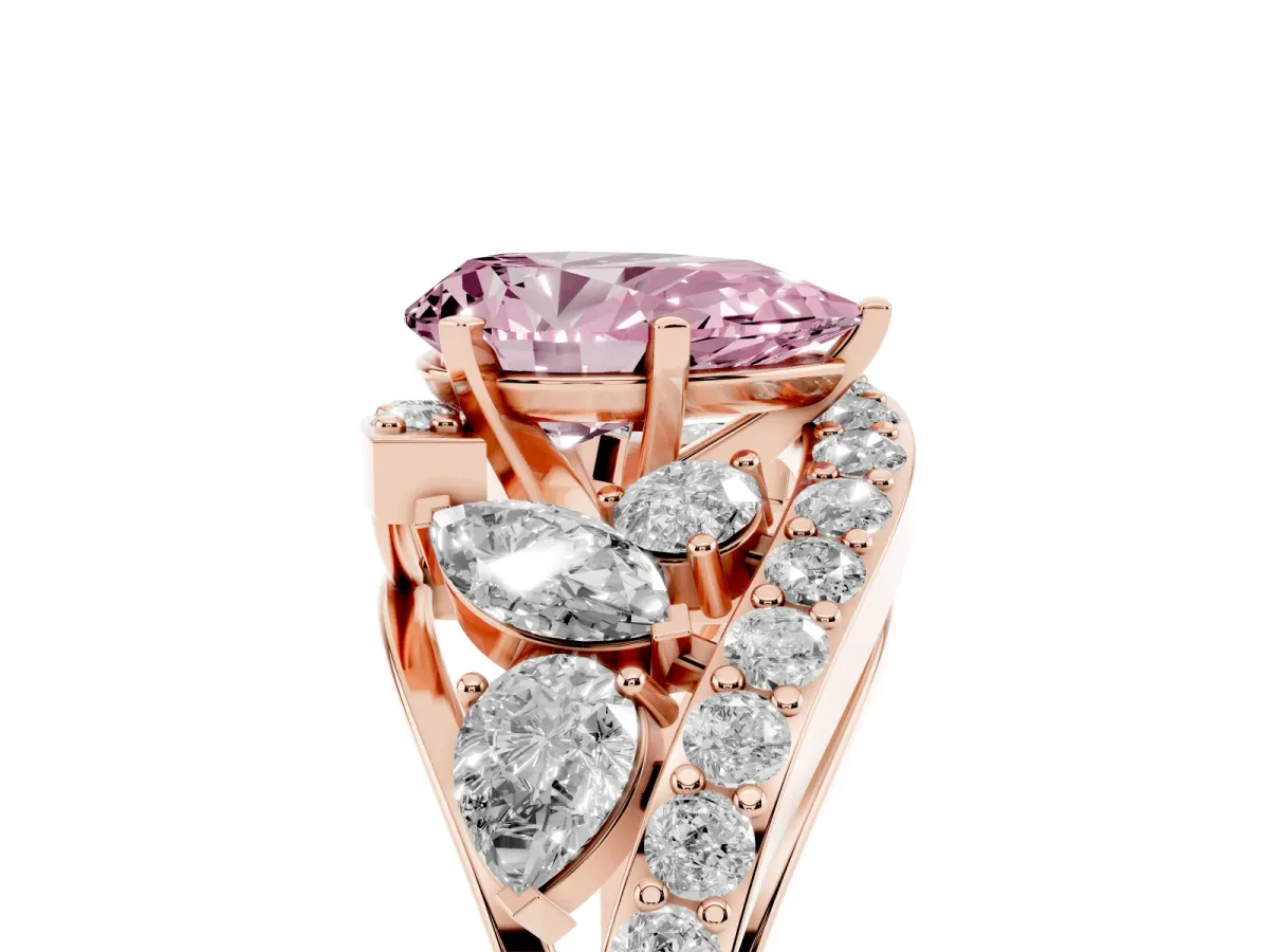 Fancy Pink Pear Cut Diamond Halo Ring with Marquise and Pavé Band in Prong Setting Rose gold