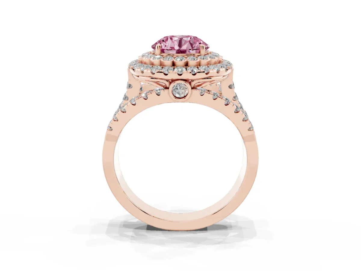 Fancy Pink Round Cut Diamond Double Halo Ring with Round Pavé Split Shank and Prong Setting Rose gold