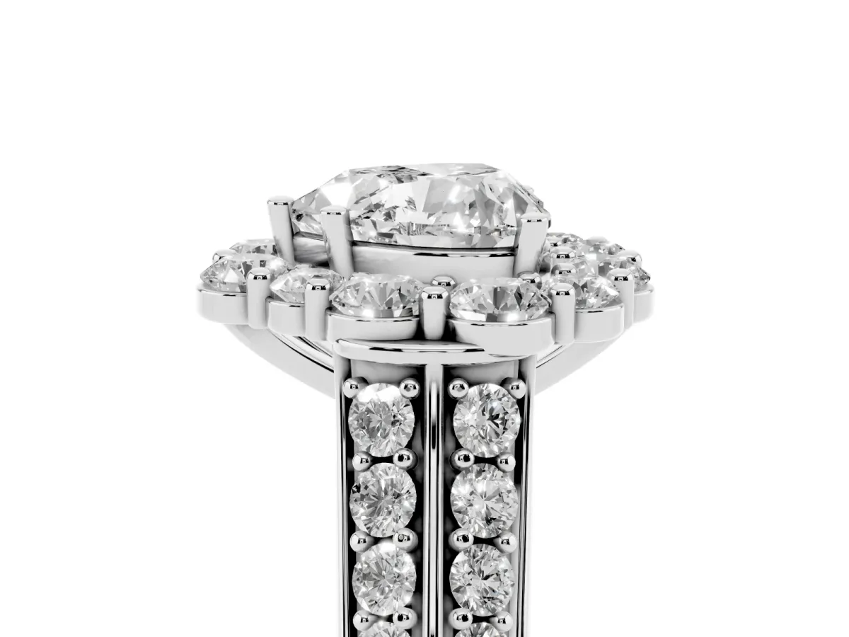 Heart Cut Halo Diamond Engagement Ring with Split Shank and Prong Setting Silver