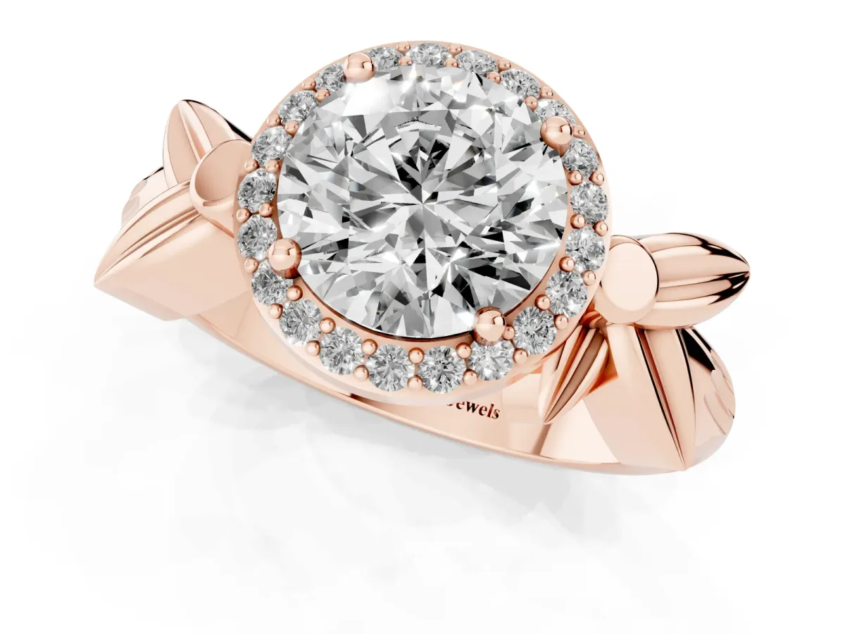 Round Cut Halo Diamond Floral Band with Four-Prong Setting Rose gold