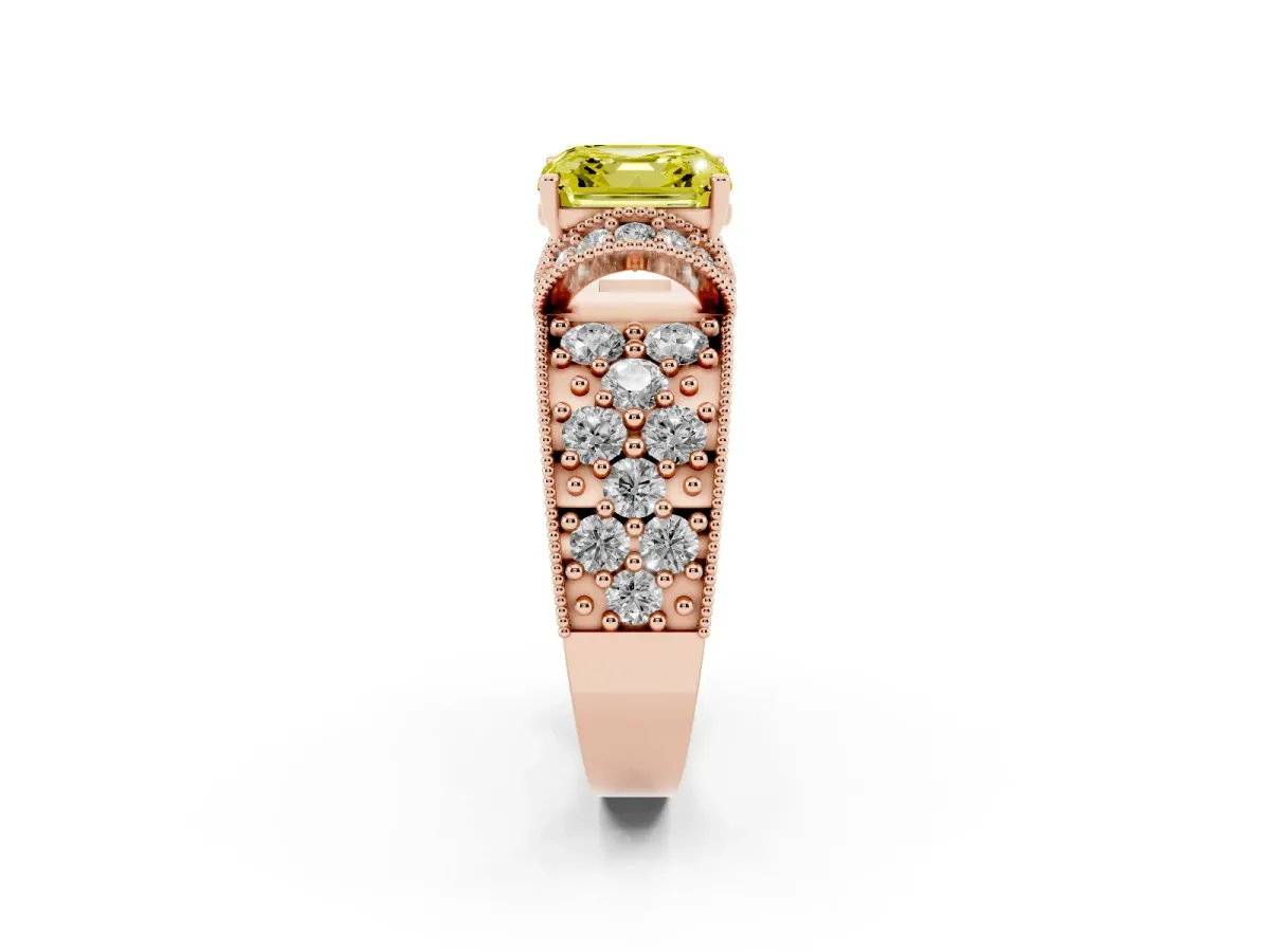 Fancy Yellow Asscher Cut Halo Pave Diamond Engagement Ring with Milgrain Detailing Rose gold