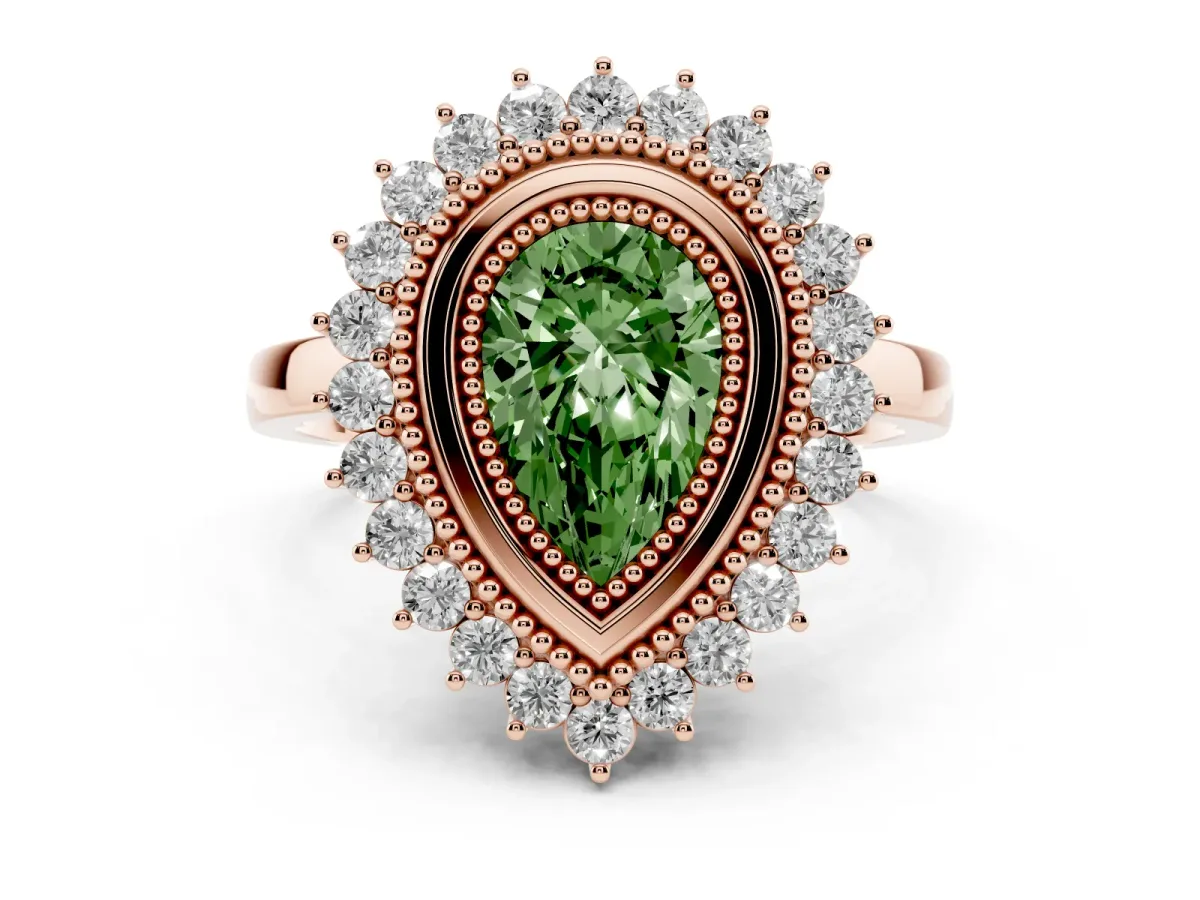 Fancy Green Pear Cut Halo Diamond Ring with Milgrain Edge and Round Prong Setting Rose gold