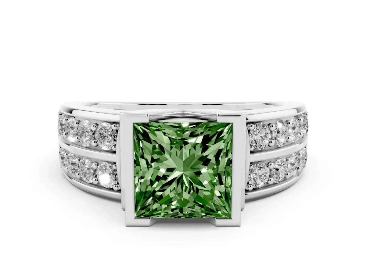 Fancy Green Princess Cut Brilliant Diamond Channel Set Wide Band Ring with Bezel Setting Silver