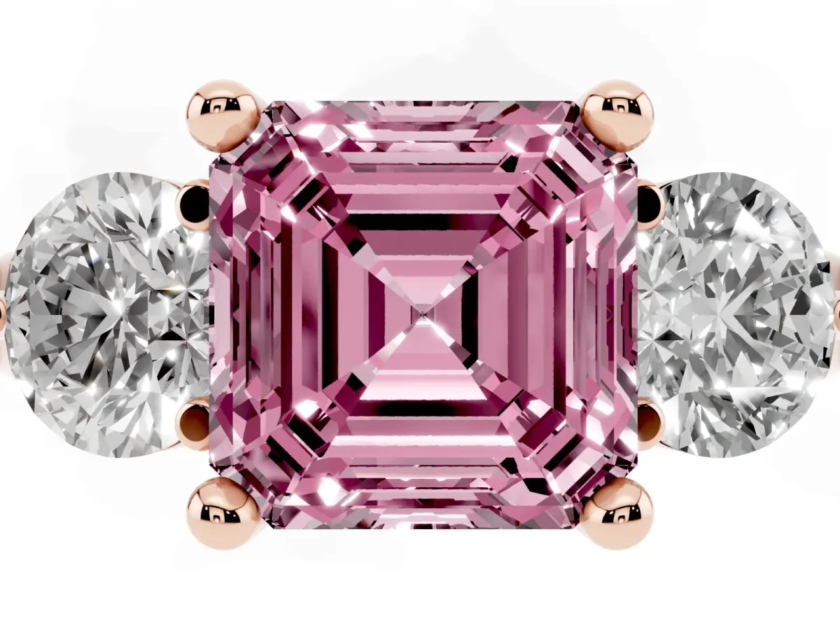 Fancy Pink Three-Stone Asscher Cut Brilliant Cut Solitaire Ring with Prong Setting on a Classic Band Rose gold