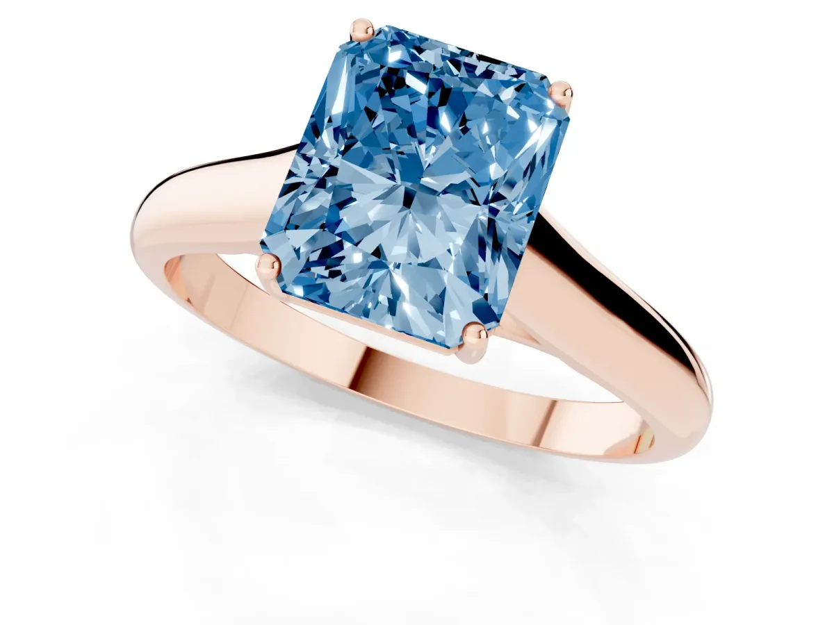 Fancy Blue Radiant Cut Solitaire Engagement Ring with Tapered Band and Four-Prong Setting Rose gold