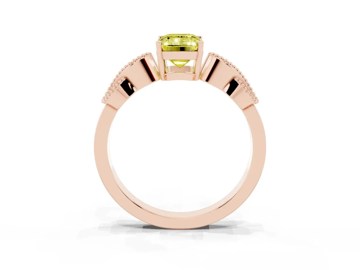 Fancy Yellow Emerald Cut Solitaire Milgrain Leaf Band with Prong Setting Rose gold