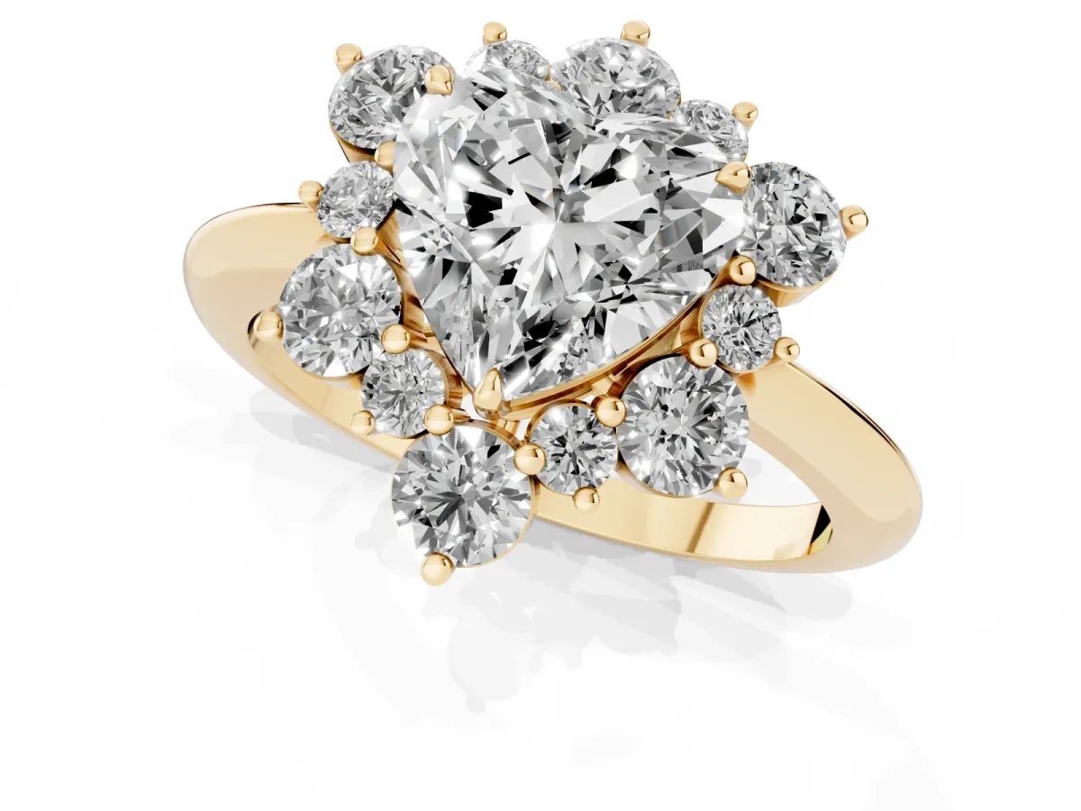 Heart Cut Diamond Cluster Halo Ring with Solitaire Band and Four-Prong Setting Yellow gold