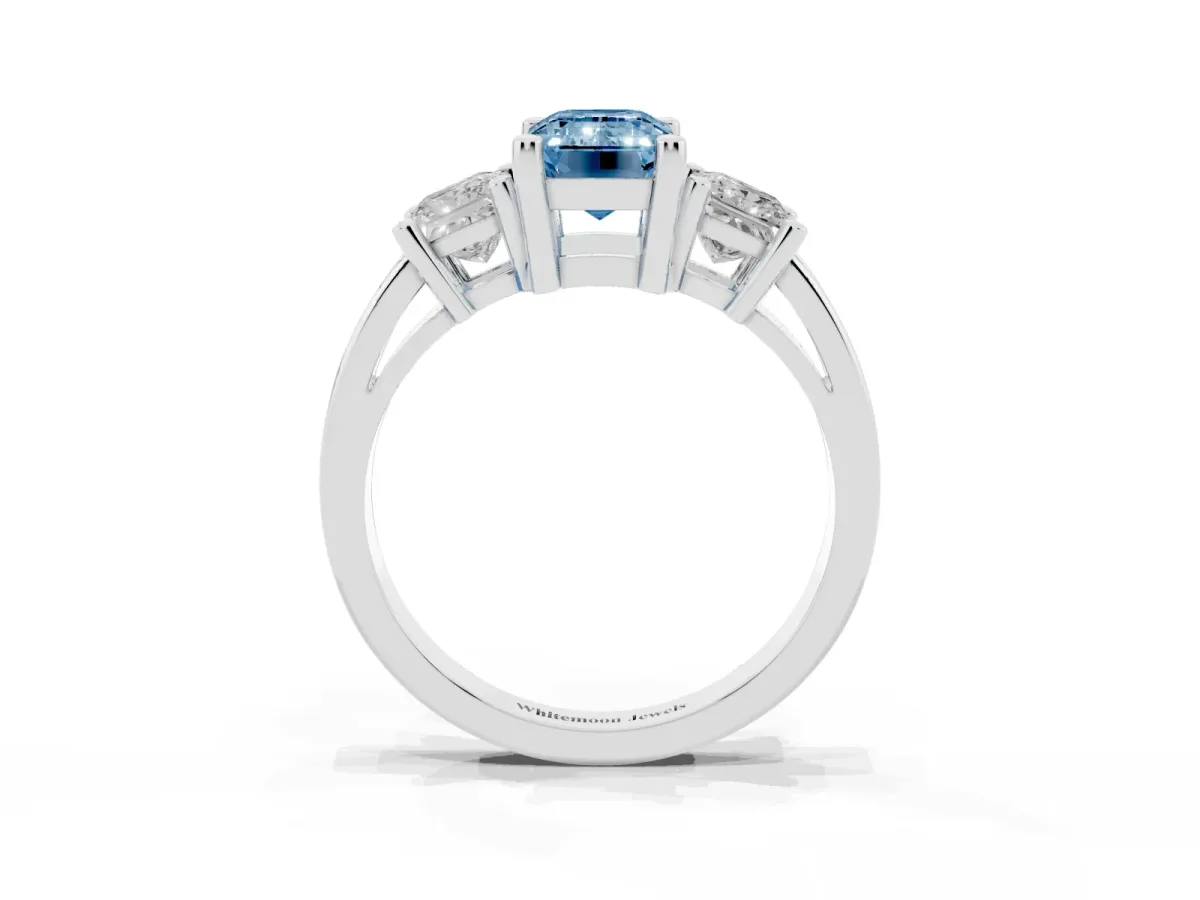 Fancy Blue Three-Stone Emerald Cut Cut Solitaire Ring with Prong Setting Silver
