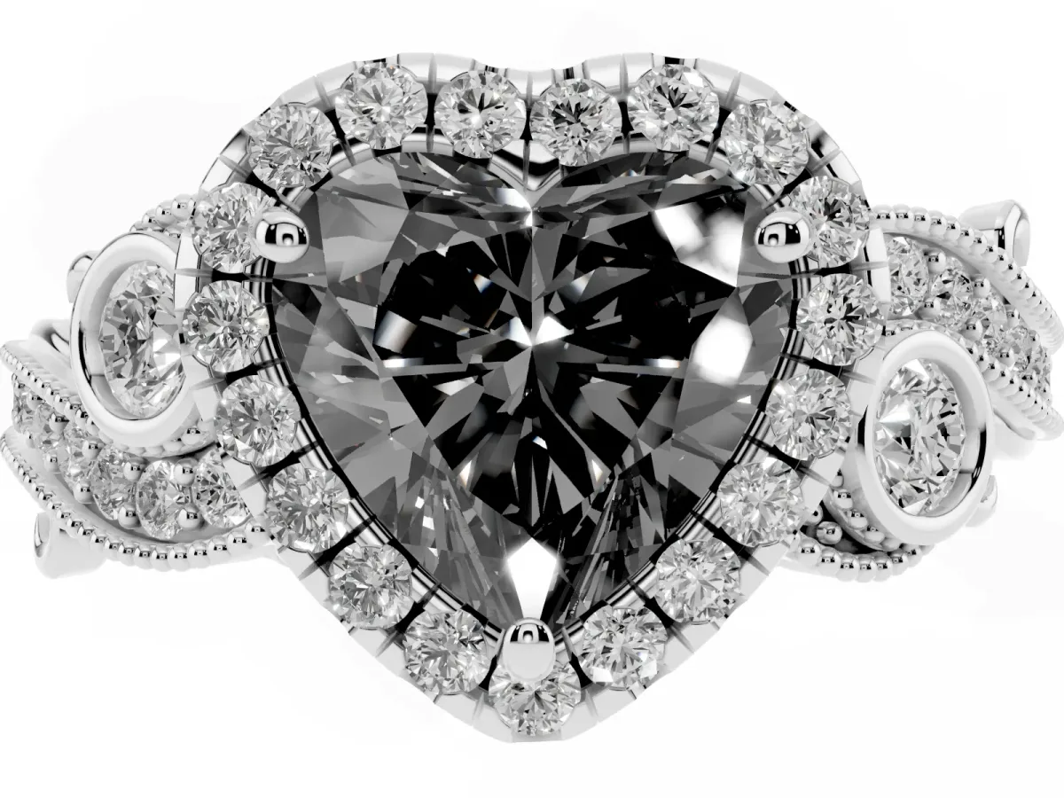 Fancy Black Heart Cut Halo Diamond Ring with Milgrain and Bezel Accents on a Split Shank Band White gold